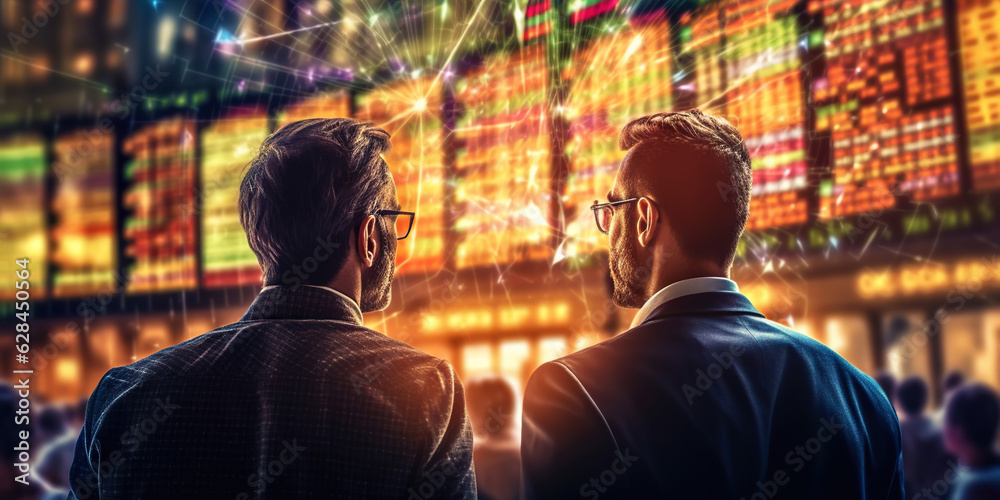 Stock traders from behind looking at financial graph on big screen. Equity or share trading concept. Generative AI Stock traders from behind looking at financial graph on big screen. Equity or share trading concept. Generative AI