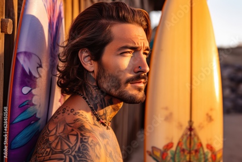 Golden-Lit Surfer: Handsome Tattooed Man by Beach & Surfboard | Detailed Portraits & Colorful Style photo