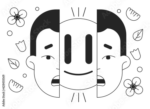 Introvert hiding feelings bw concept vector spot illustration. Shy guy split face 2D cartoon flat line monochromatic character for web UI design. Emoticon smiling editable isolated outline hero image