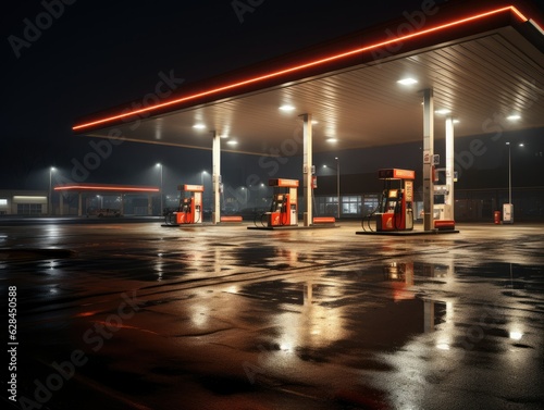 Gas station at night, close-up of a gas station with no one at night, design drawing of a gas station,