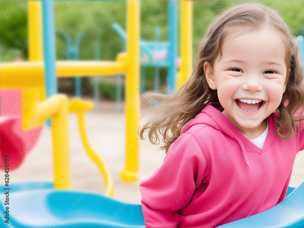Playful Playground A close-up shot of a happy child playing on a colorful playground by ai generated 
