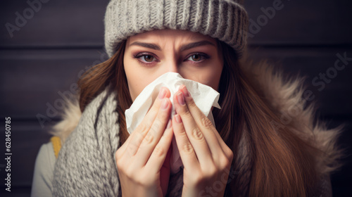 Foto Young woman with the flu, blowing her nose using a tissue, managing symptoms and