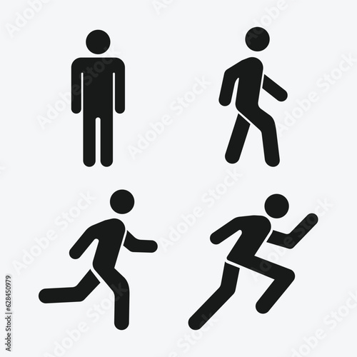 Vector illustration of man stands, walk and run icon set. People vector symbol. Person standing, walking and running illustration. Run, walk, stand. Vector illustration
