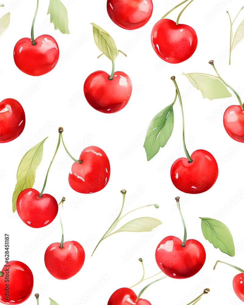 Cherry tileable watercolor hand drawn seamless pattern created with Generative AI technology Cherry tileable watercolor hand drawn seamless pattern created with Generative AI technology