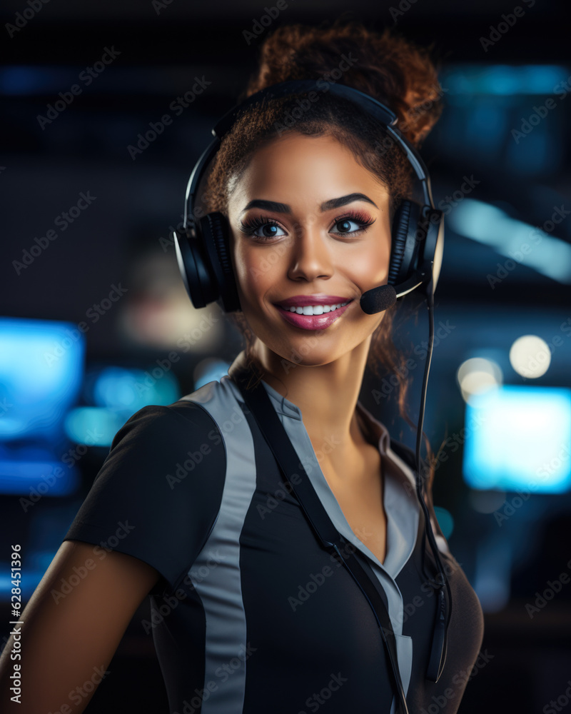 Vertical shot of a female African American customer support agent working at a call center. Generative AI. Vertical shot of a female African American customer support agent working at a call center. Generative AI.