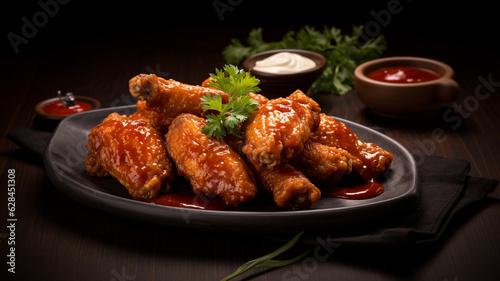 Spicy chicken wings on black background