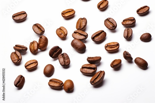 Pile coffee beans isolated on white background and top view