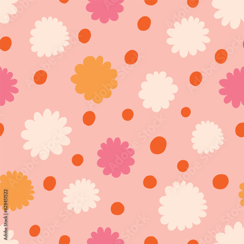 Seamless abstract pattern with simple flowers and dots. Seamless vector  texture with abstract flowers. Playful background