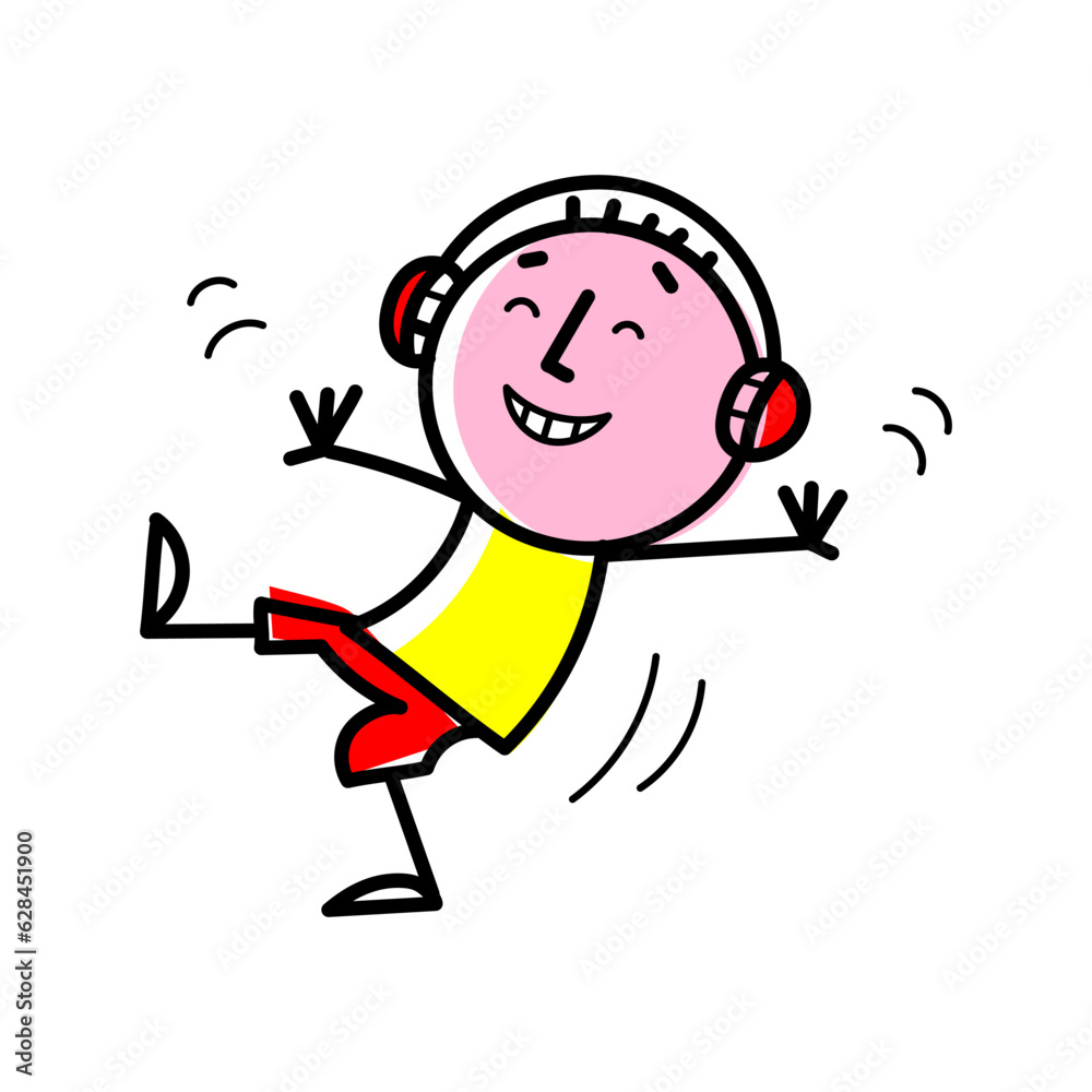 Color vector illustration of a man who dances to music from headphones