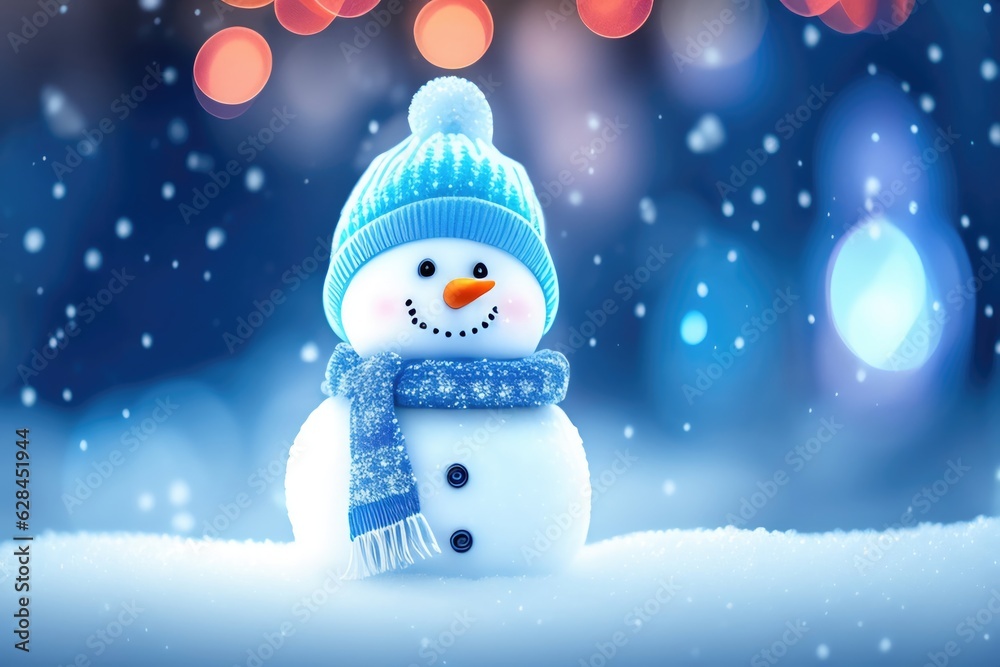 Christmas decoration with a cute cheerful snowman in the snow in a winter park with beautiful bokeh. AI generated.