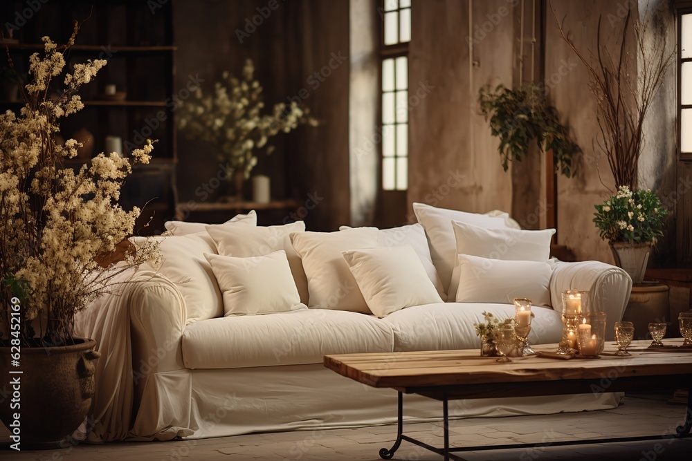 Obraz premium Beautiful and large living room interior with hardwood floors, fluffy rug and designer furniture,Generative AI