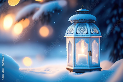 Christmas decoration with a lantern in the snow in a winter park with beautiful bokeh. AI generated.