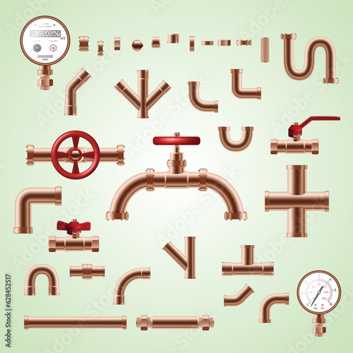 realistic set copper pipeline details isolated white background illustration