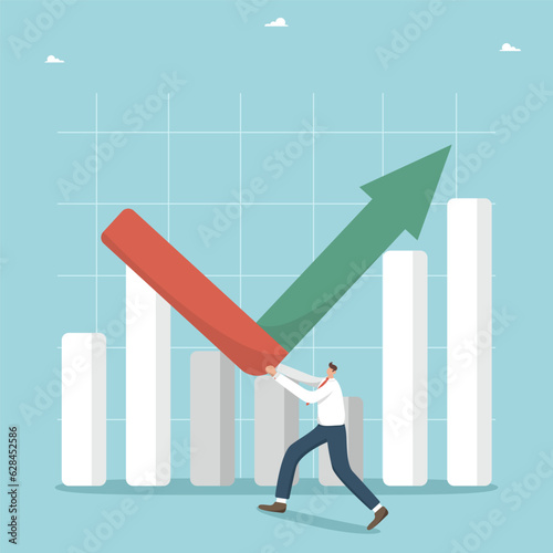 Strategies for maintaining profitability or improving state of business during an economic crisis, recovering profits after recession, methods to increase sales, man breaks arrow moving down graph.