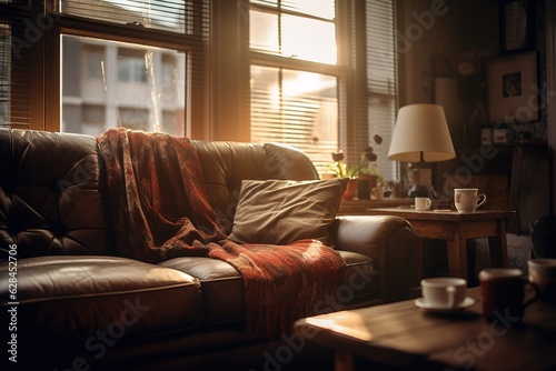 3d rendering of modern living room with white sofa, home desk in wall with decor, personal accessories, lamp, books, dry flowers in a vase, ceramics. Pouf with a blanket. Wood panel,Generative AI