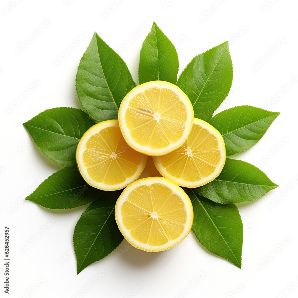 A top view of healthy food: sliced lemon and green leaf. (Generative AI)