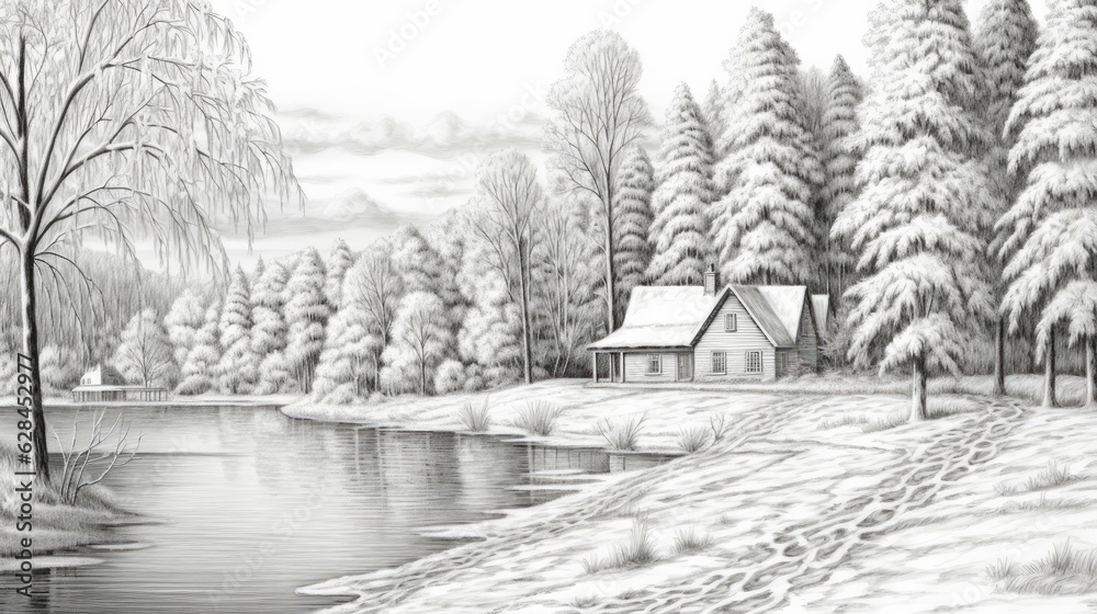 A snowy lake with trees and a house nearby. (Generative AI)