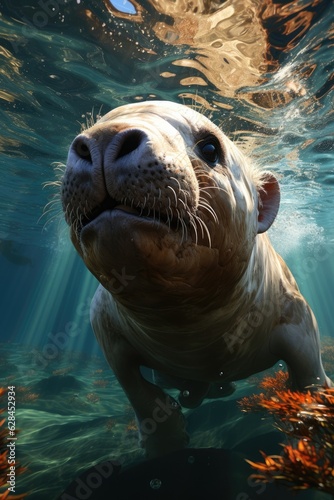 A seal glides in water with a backdrop of sunbeam. (Generative AI) © HandmadePictures