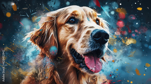 Golden retriever portrait against the backdrop of a mess at home created with Generative AI technology, Generative Ai