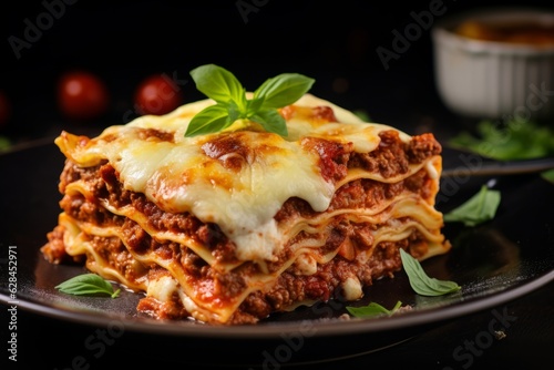 Piece of tasty hot lasagna close-up