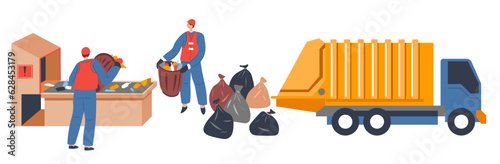 Workers filling truck with garbage in plastic bags