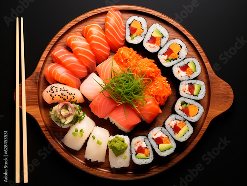 Sushi set on a wooden plate, isolated on black background.AI Generated