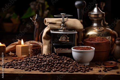 Coffee beans with coffee grinder Generative Ai