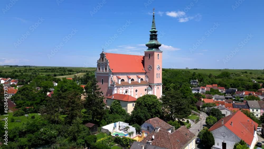 Parish Church of St John the Baptist In Lower Austrian Town Of Poysdorf In Austria. wide aerial Parish Church of St John the Baptist In Lower Austrian Town Of Poysdorf In Austria. wide aerial