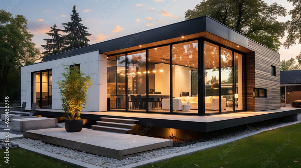 A modern minimalist house with clean lines, large windows, and a sleek facade design Generative AI