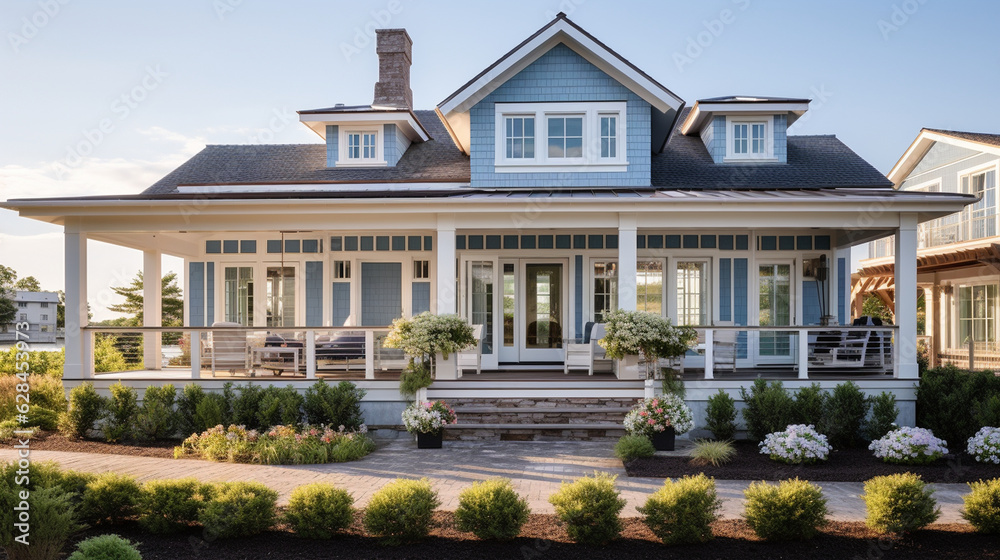 Fototapeta premium A coastal retreat with a nautical-inspired facade, featuring blue and white hues and beachy accents Generative AI