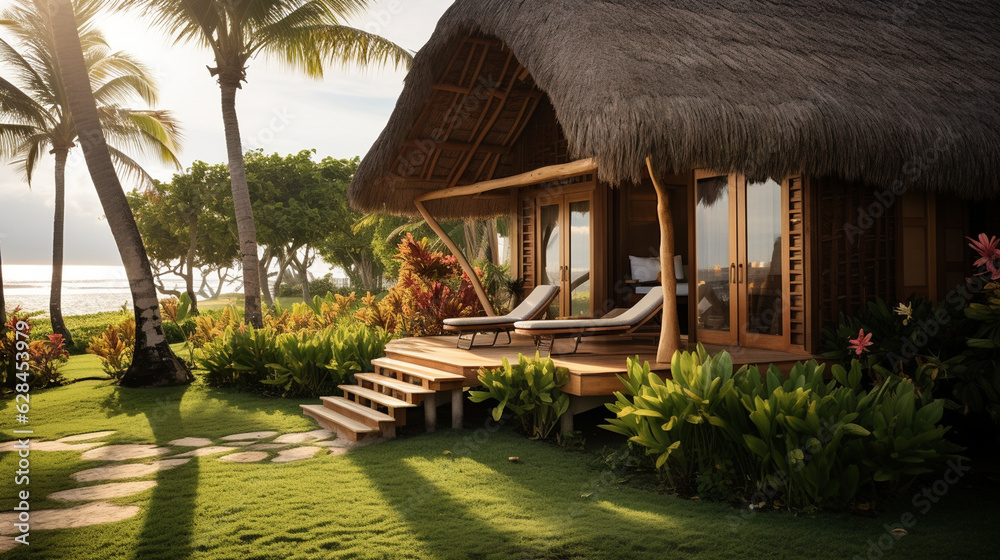 A charming bungalow with a thatched roof, wooden shutters, and a picturesque facade Generative AI A charming bungalow with a thatched roof, wooden shutters, and a picturesque facade Generative AI