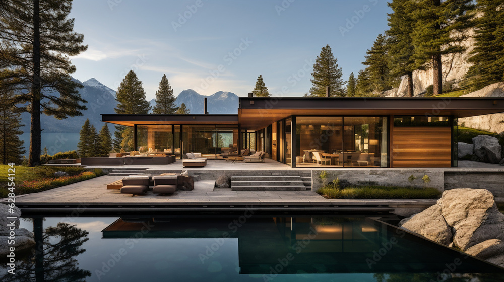 Fototapeta premium A mountain retreat with a stone and timber facade, blending seamlessly into the natural surroundings Generative AI