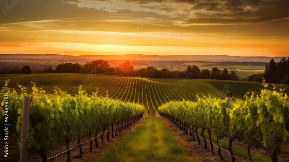 Golden Hour Glow in a Lush Vineyard