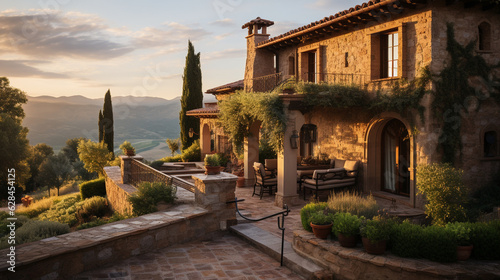A Tuscan villa with stucco walls, terracotta roof tiles, and an inviting facade that exudes warmth Generative AI