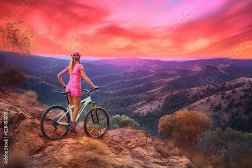 Lively Action Poses: A Woman's Cycling Adventure in the Pink and Amber Sunset