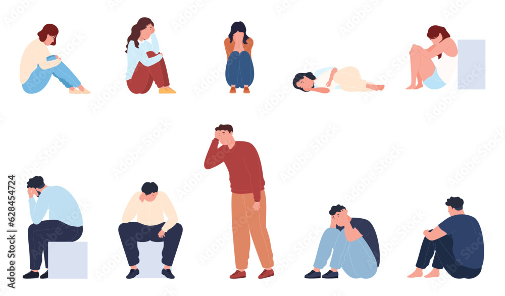 People are in a state of depression, sadness, anxiety. The psychological state of a person with decreased well-being, lost love and decreased energy. Vector illustration