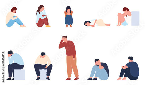 People are in a state of depression  sadness  anxiety. The psychological state of a person with decreased well-being  lost love and decreased energy. Vector illustration