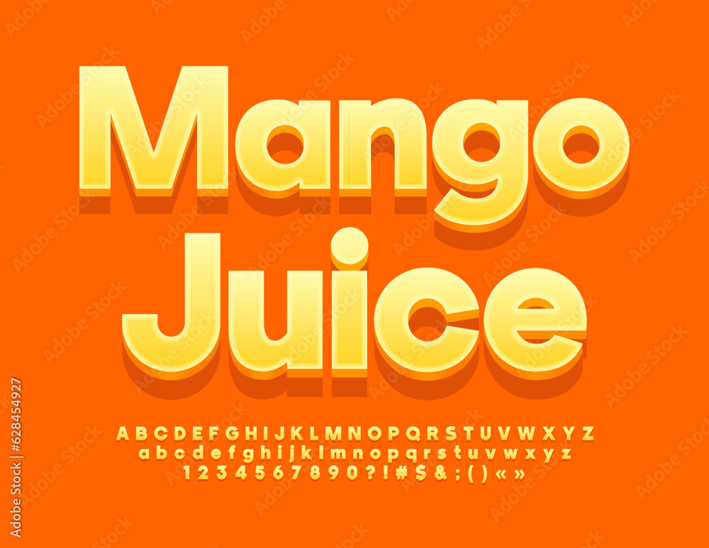 Vector creative Sign Mango Juice. Bright 3D Font. Modern Alphabet Letters and Numbers Vector creative Sign Mango Juice. Bright 3D Font. Modern Alphabet Letters and Numbers