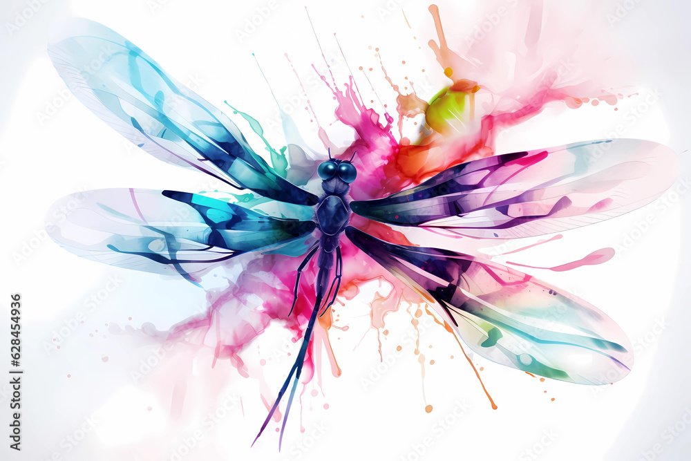Obraz premium Dragonfly painted in neon watercolors on white background