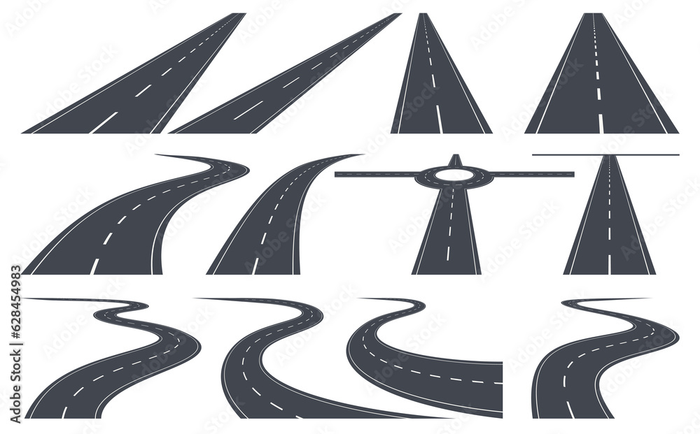 Fototapeta premium Roads and highways in perspective. Road path with different bends. The road connects the cities. Vector illustration