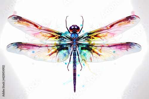 Dragonfly painted in neon watercolors on white background