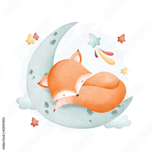 Watercolor illustration cute baby fox sleeps on moon with cloud and stars