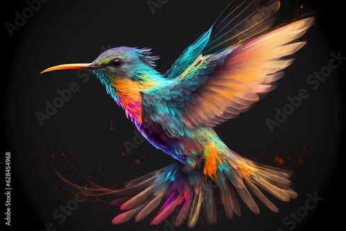 Flying hummingbird painted in neon watercolors © Alcuin