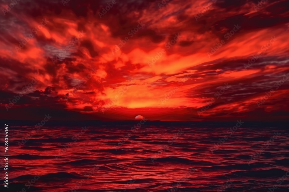 Intense Ocean Sunset: Gothic Dark Beauty and Tenebrism Atmosphere | Red Sky Over Water