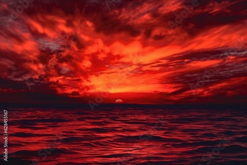 Intense Ocean Sunset: Gothic Dark Beauty and Tenebrism Atmosphere | Red Sky Over Water