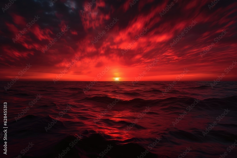Orange-Red Sky Over Ocean: Tenebrism Drama and Intense Clouds | Atmospheric Sunset Scenery