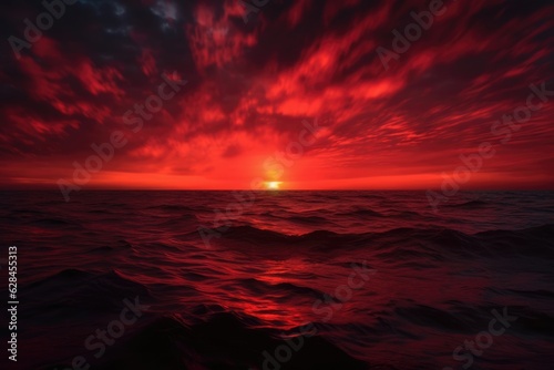 Orange-Red Sky Over Ocean  Tenebrism Drama and Intense Clouds   Atmospheric Sunset Scenery
