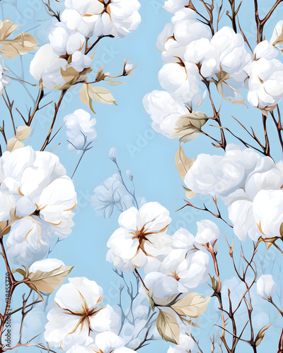 Gentle white flowers on a blue background tileable watercolor hand drawn seamless pattern created with Generative AI technology