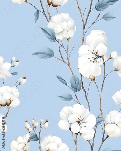 Gentle white flowers on a blue background tileable watercolor hand drawn seamless pattern created with Generative AI technology © Oksana