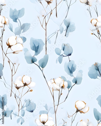 Fototapeta Naklejka Na Ścianę i Meble -  Gentle white flowers on a blue background tileable watercolor hand drawn seamless pattern created with Generative AI technology